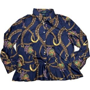 Lauren Ralph Lauren Top Womens 14 Blue Long Sleeve Equestrian Bit Bridle Peplum